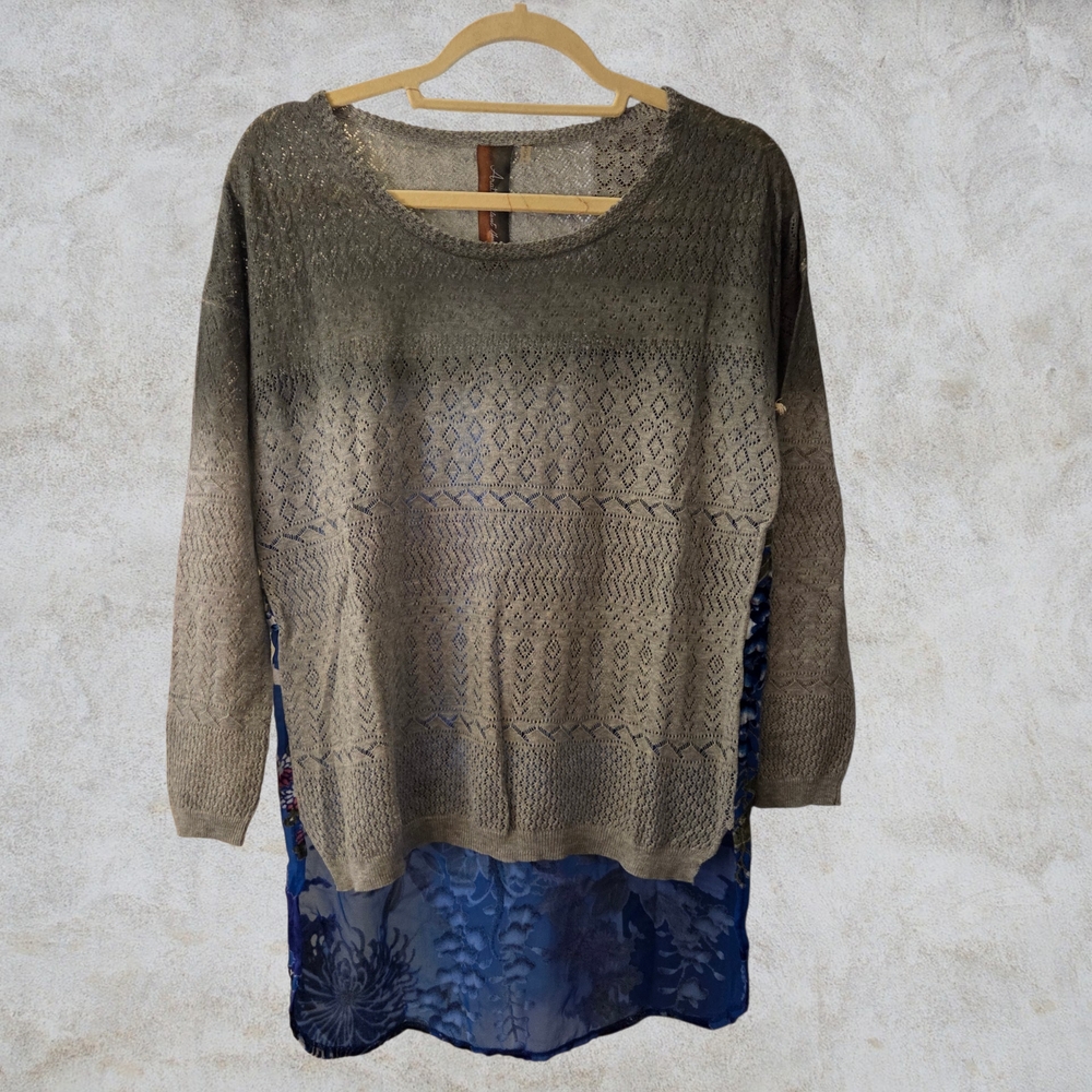 Aratta Olive Green Knit Tunic with Navy Floral Hem